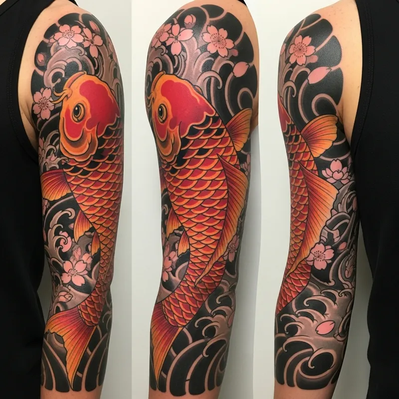 Vivid Koi Fish Arm Tattoo Design with Japanese Iconography