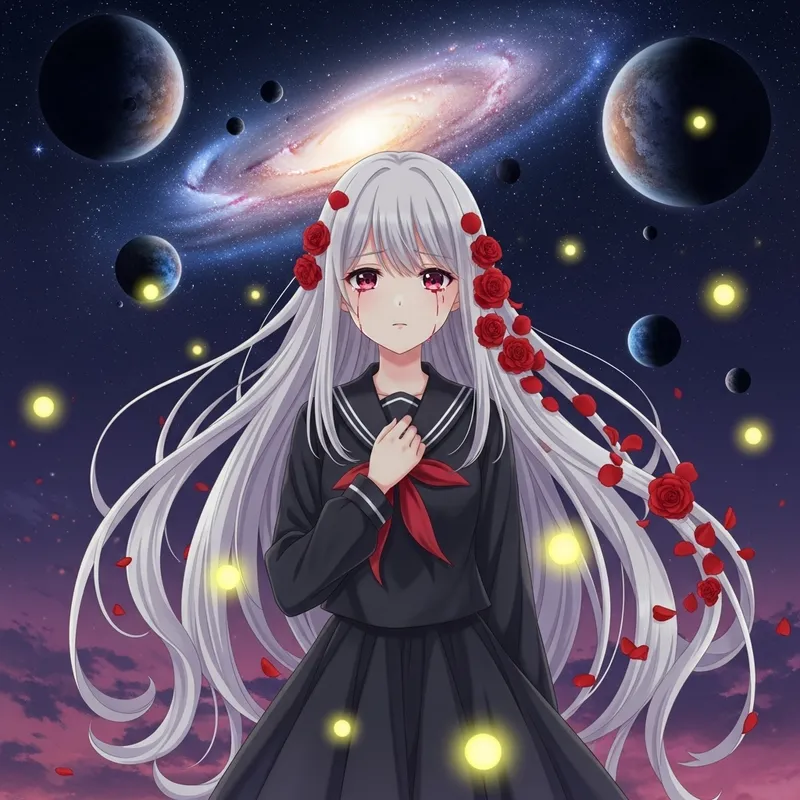Enchanting Anime Girl with White Hair and Crimson Tears - Stunning Scene