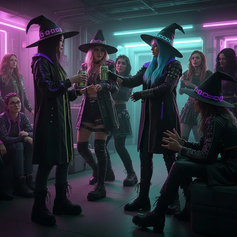 Cyberpunk Witches Meeting Shaking Beer and Dancing