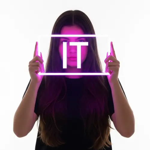 Realistic Teen with Dark Hair Holding Glowing 'IT' Sign