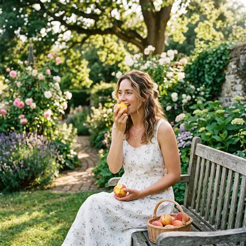 Beautiful Woman Enjoying Peach in Garden