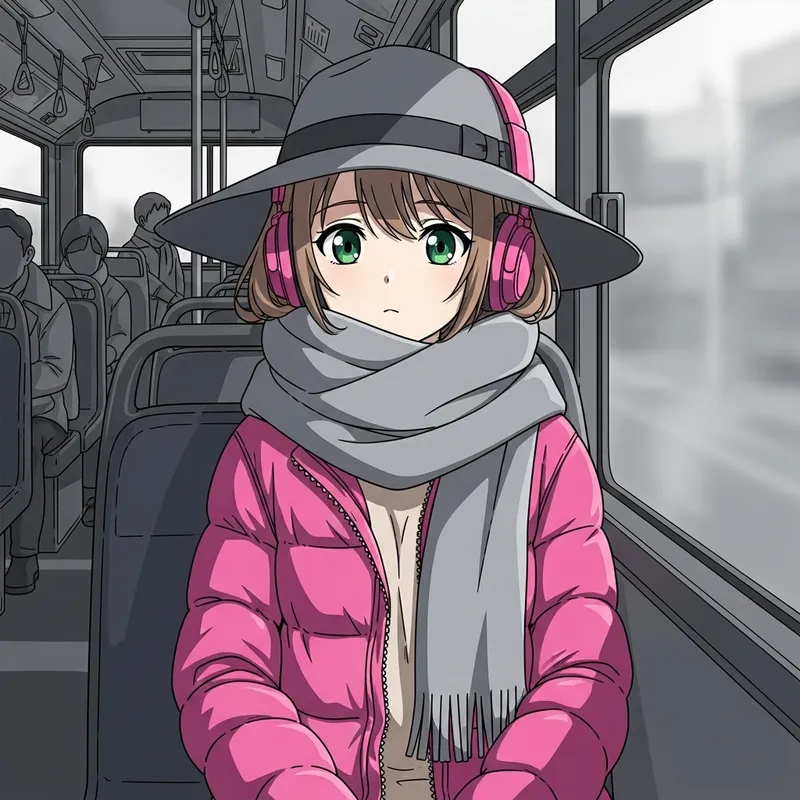 Anime Girl in Grey Hat & Pink Puffer Jacket - Stylish Bus Contrast Anime Girl in Grey Hat & Pink Puffer Jacket - Stylish Bus Contrast