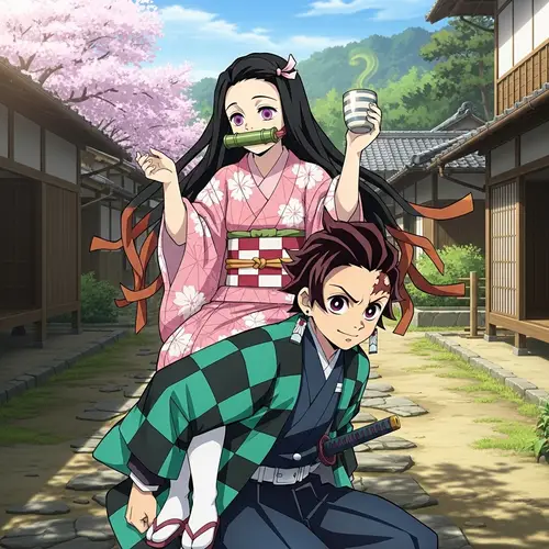 Japanese Anime Girl Nezuko & Tanjiro: Unique Duo in a Historical Setting