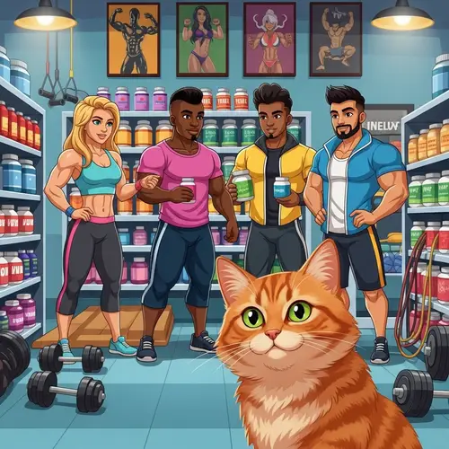 Curious Cat Observing Diverse Bodybuilders in Store