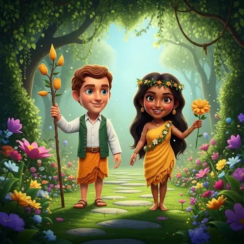 Fantasy Inspired Adam and Eve in Enchanted Garden of Eden - Pixar Style