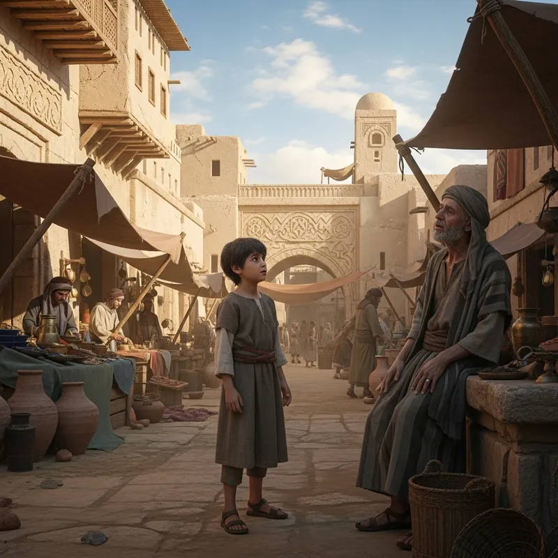Young Boy Talking to Sick Man in Ancient City