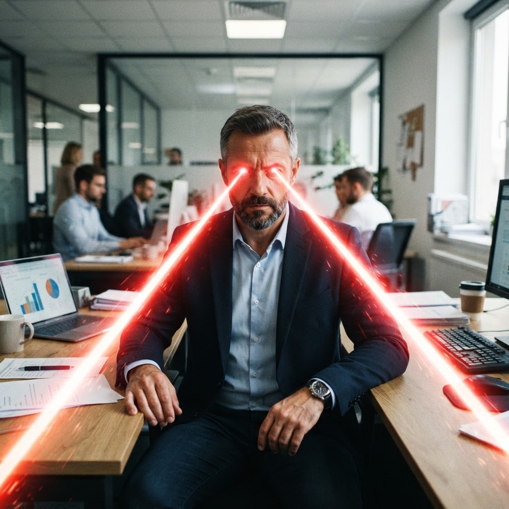 AI added glowing laser eyes meme effect to a portrait photo