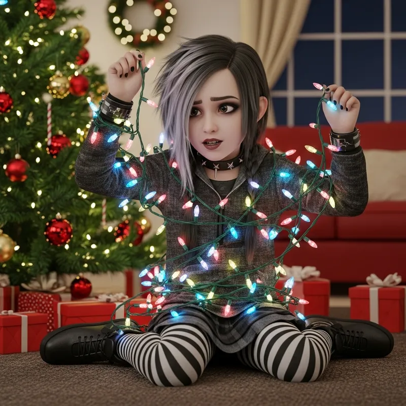 Young Goth Girl Tangled in Christmas Lights Decorating Tree