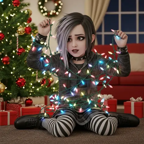 Hispanic Goth Girl Entangled in Christmas Lights Decorating Tree