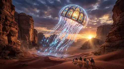 Translucent Jellyfish in a Surreal Desert Canyon