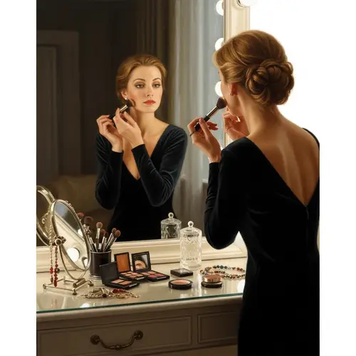 Caucasian Woman Prepares in Front of Mirror - 19th Century Realism Painting