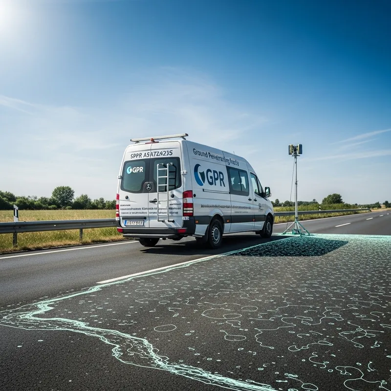 Pavement Analysis Van and GPR Data on Roadway | Sunlit Day View