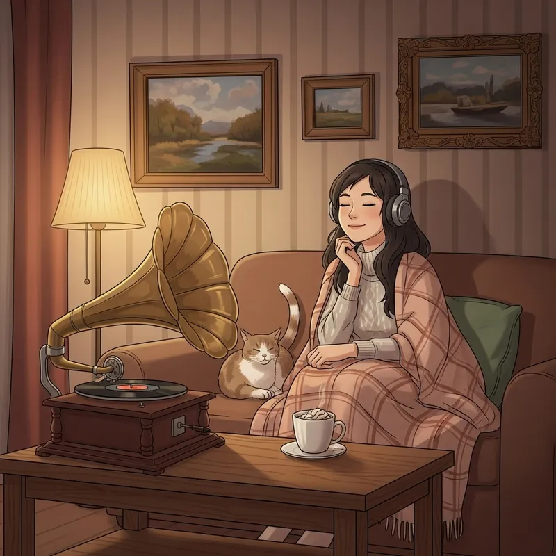 Cozy Indoor Scene of Asian Woman Listening to Music