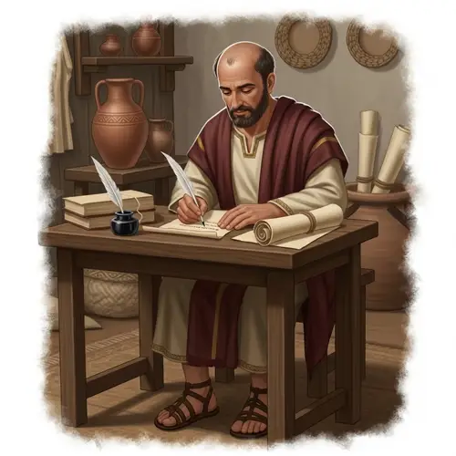 Apostle Paul: Ancient Scholar Writing on Parchment Table