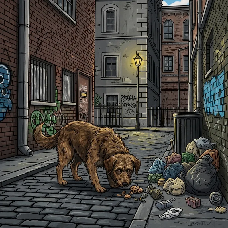 Street Dog Feeding on Garbage in Urban Environment
