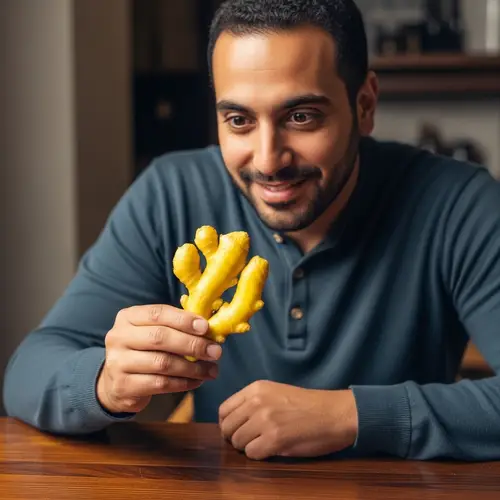 Middle Eastern Man Enjoying Spicy Ginger at Wooden Table