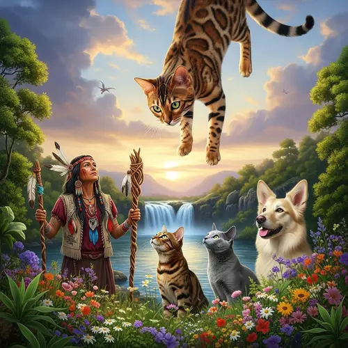 Bengal Cat and Shaman Woman Surrounded by Animals and Nature