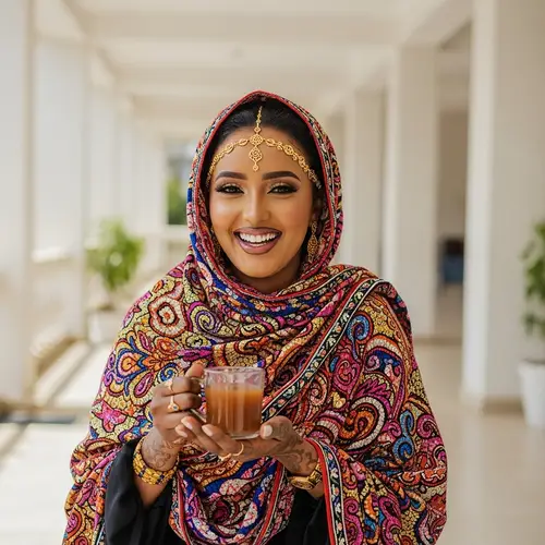 Joyful Somali Woman in Traditional Dress Enjoying Somali Tea