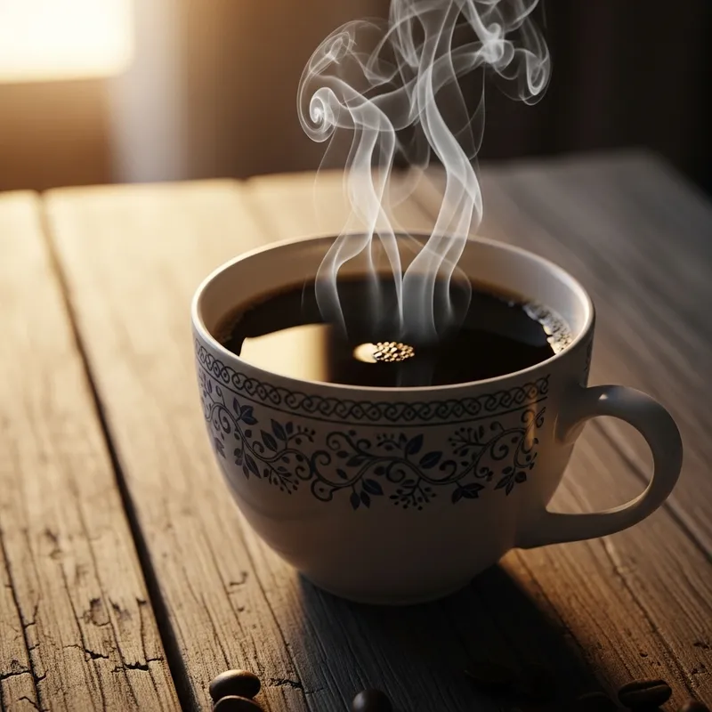 Hot Fresh Cup of Coffee on Wooden Table Hot Fresh Cup of Coffee on Wooden Table