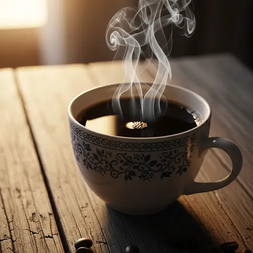 Intricate Pattern Black Coffee on Rustic Wooden Table