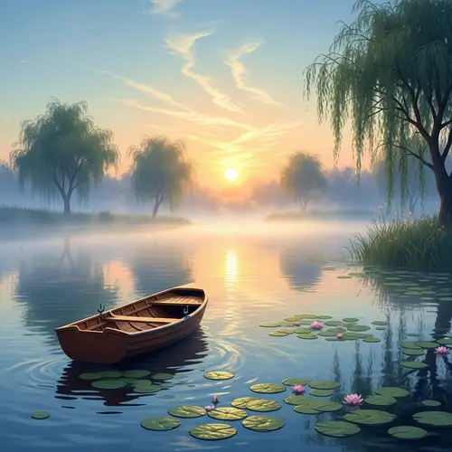 Serene Dusk on a Cerulean Lake - Captured in Monet's Style