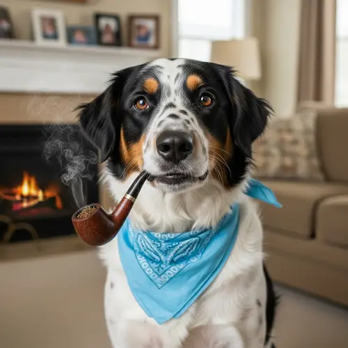 Humorous Dog Enjoying Comfortable Smoke in Cozy Living Room