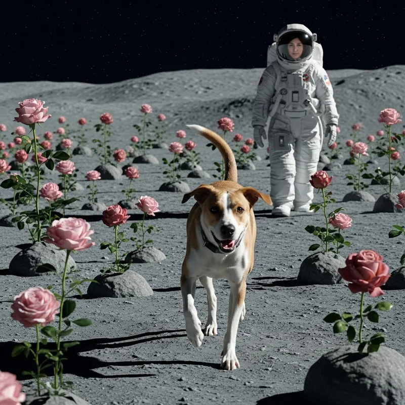 Dog Running in Moon Rose Garden: Companion Awaits Astronaut