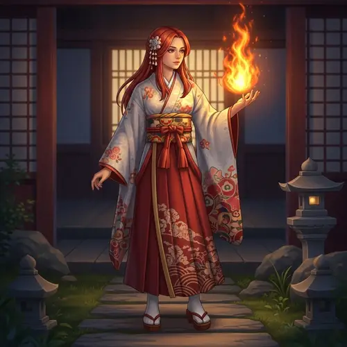 Red-Haired Girl Mastering Fire in Japanese Attire