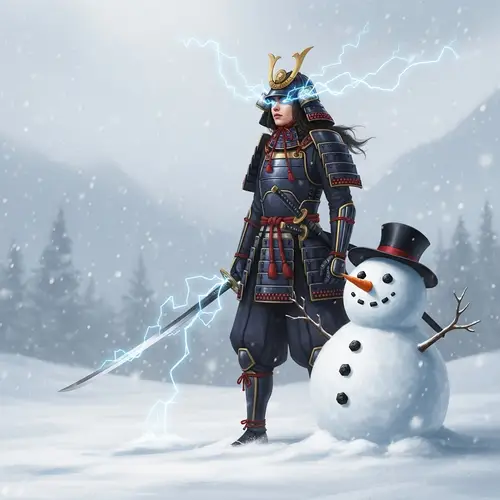 Samurai General with Lightning Powers in Snowy Landscape