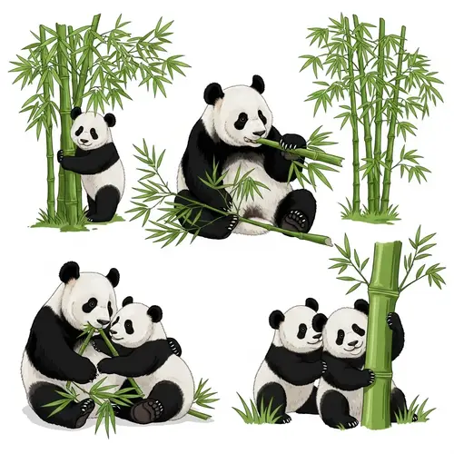 Serene Outdoor Setting with Lush Green Bamboo Trees and Adorable Pandas