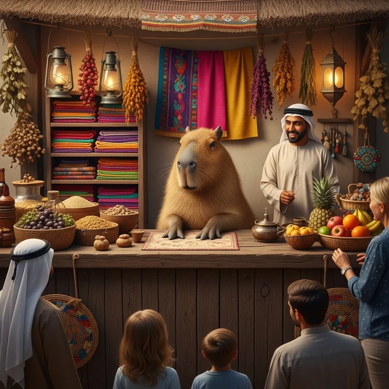 Capybara Trading Scene in Traditional Marketplace