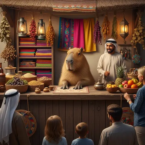 Relaxed Capybara Trading Assortment of Goods in Traditional Marketplace