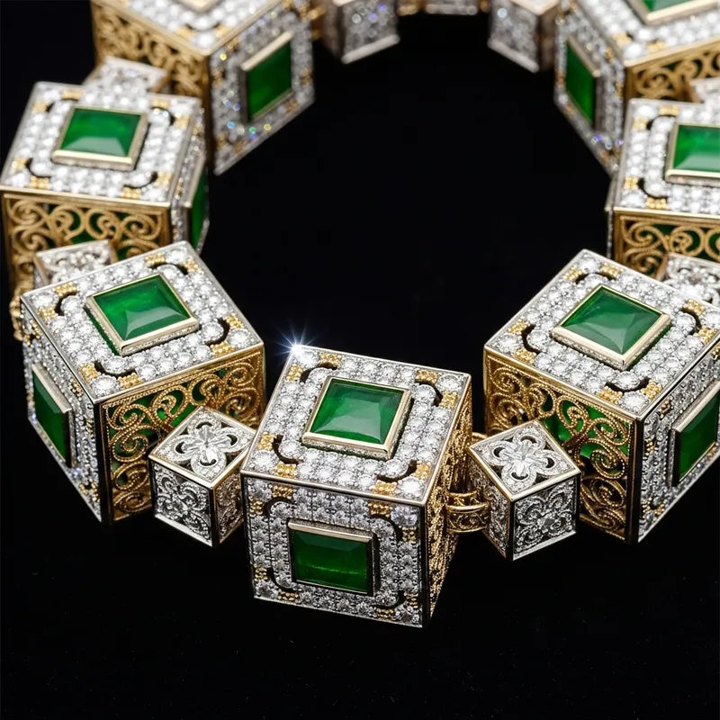 Luxurious Diamond and Jade Necklace with Cubic Filigree