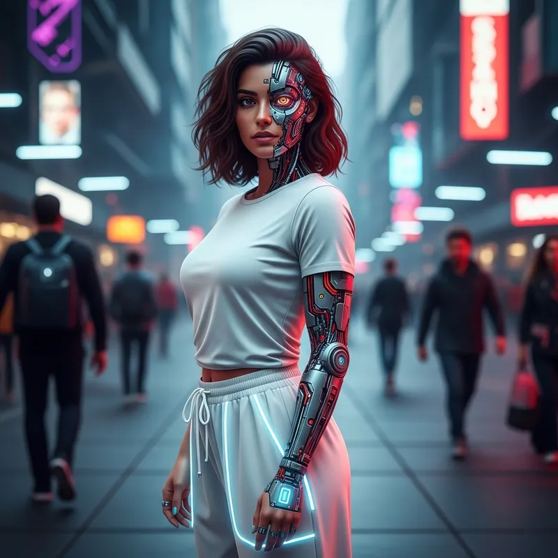 Beautiful Futuristic Middle-Eastern Woman in Neon White Outfit