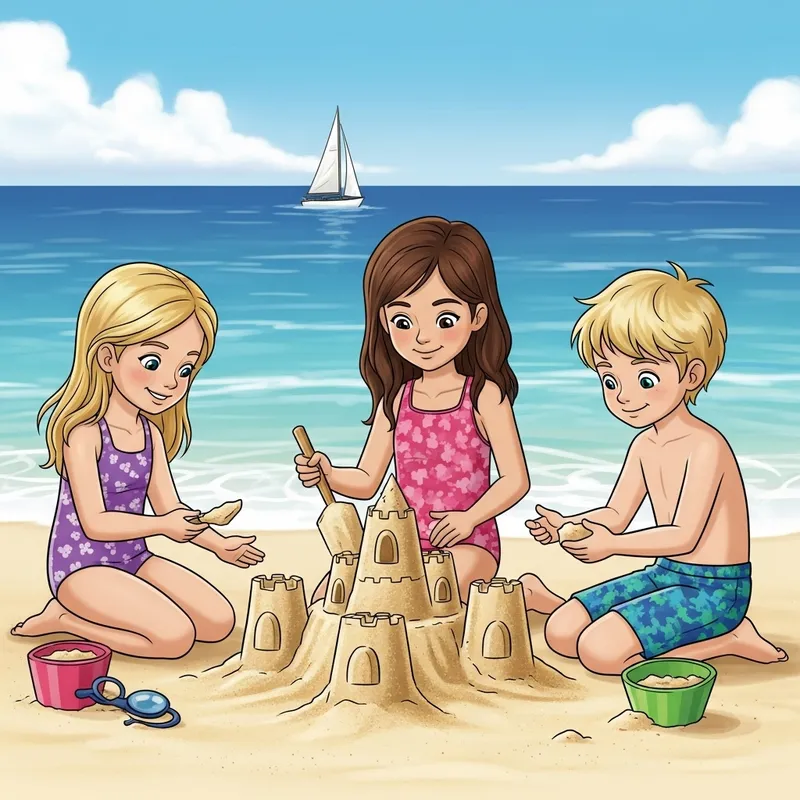 Charming Cartoon Children Building Sandcastles by the Beach Charming Cartoon Children Building Sandcastles by the Beach