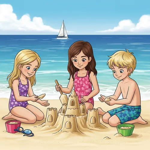 Cartoon Children Building Sandcastles at Beach