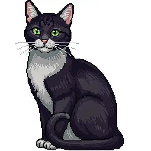 Pixelized Cat Sitting Gracefully | Green-Eyed Feline Image