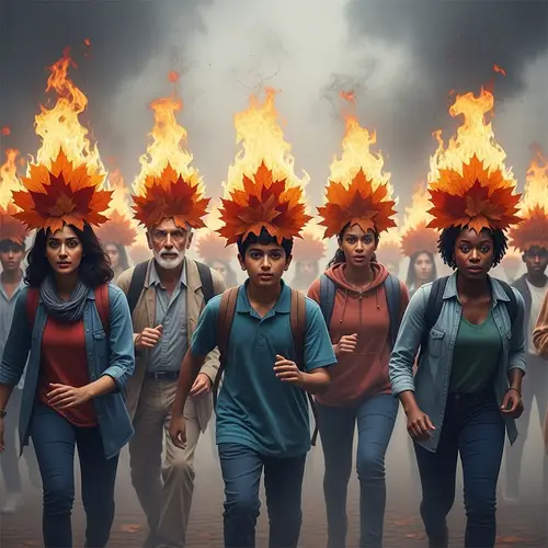 Symbolic Representation of Climate Change - People Running with Fire on Their Heads