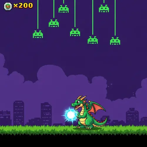 Friendly Dragon vs. Pixelated Alien Invasion | Classic Video Game twist