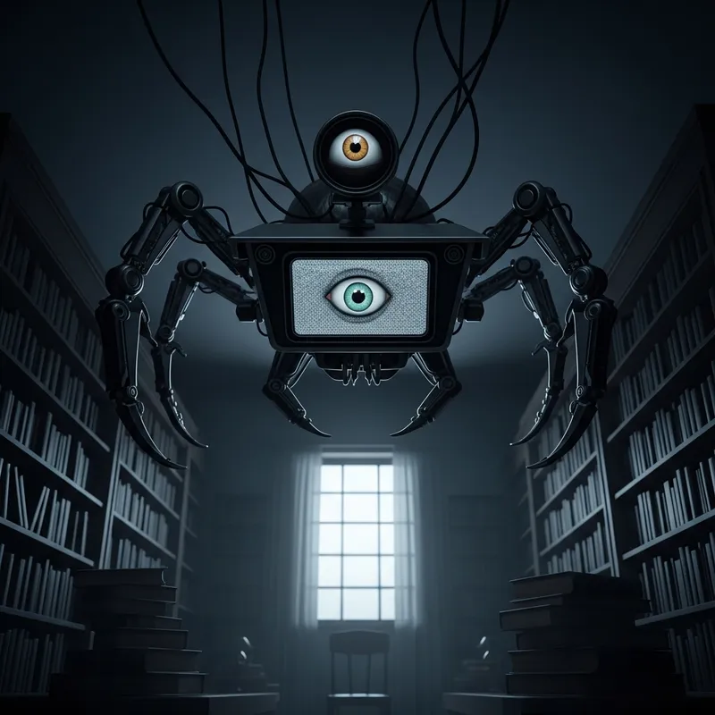 Creepy Mechanical Monster in Dark Library