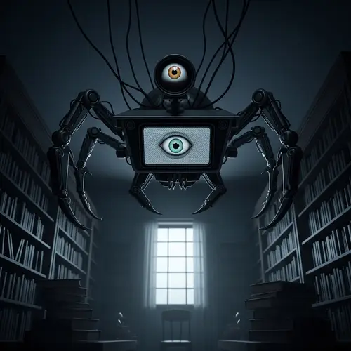 Creepy Mechanical Monster in Dark Library