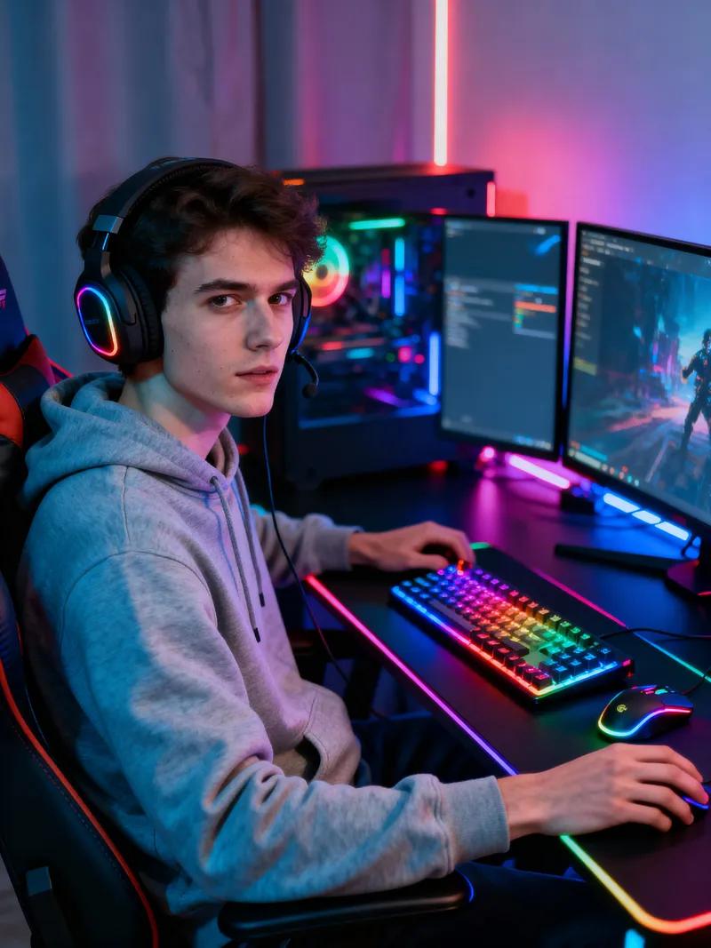 Ultimate Gaming Setup Portrait with RGB Lighting