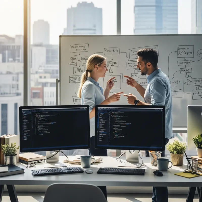 Programmer PC Wallpaper: Coding Duo in Modern Workspace Programmer PC Wallpaper: Coding Duo in Modern Workspace