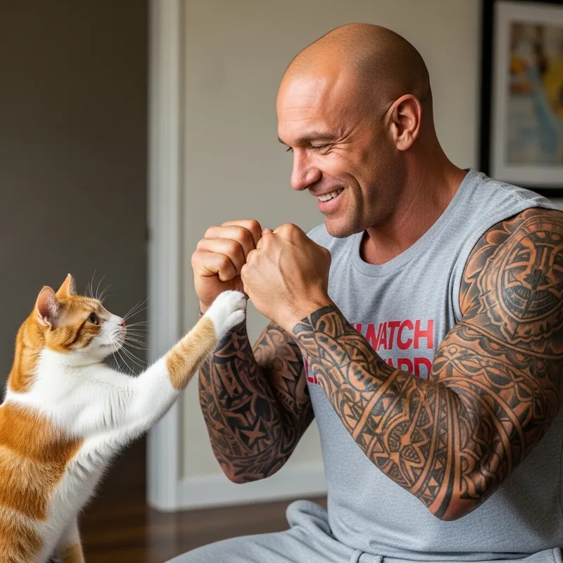 Cat Playfully Engages with Muscular Man in Grey Baywatch Uniform