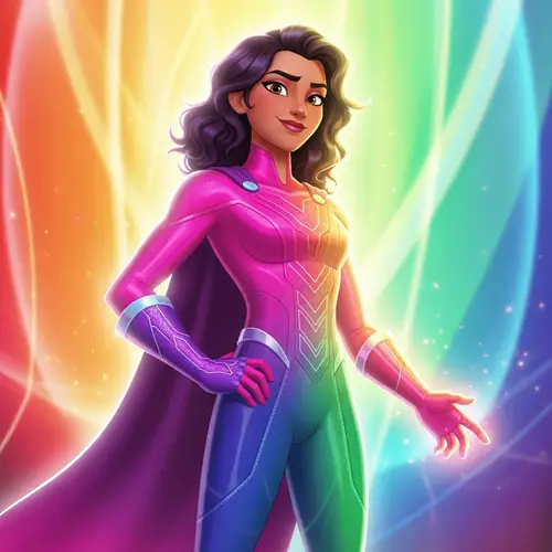 Dynamic Superhero Girl in Pink & Purple - Rainbow Theme