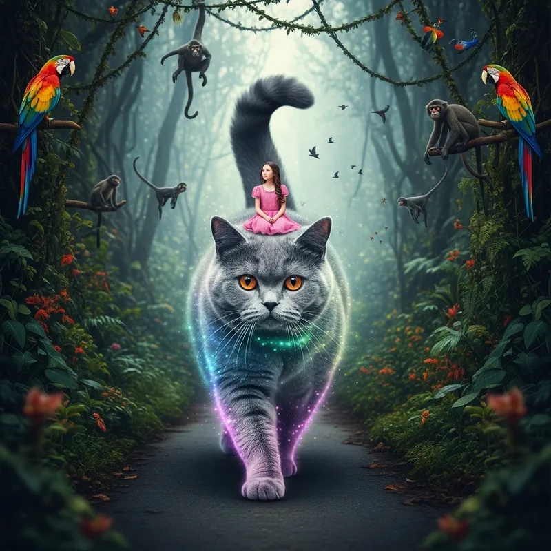 Incredible Realism: Majestic British Cat with Girl in Pink Dress and Wild Jungles