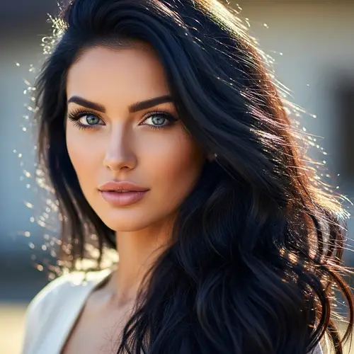 Stunning Woman with Long Black Hair and Blue Eyes