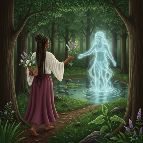 African American Woman in Forest Meets Water Spirit with Sacred Plants