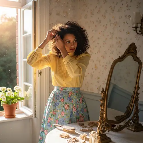 Vintage Woman Styling Hair in Well-Lit Room