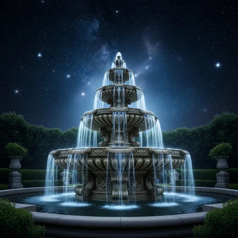 Vividly Detailed Multi-Level Fountain with Glimmering Water | Stellar Backdrop